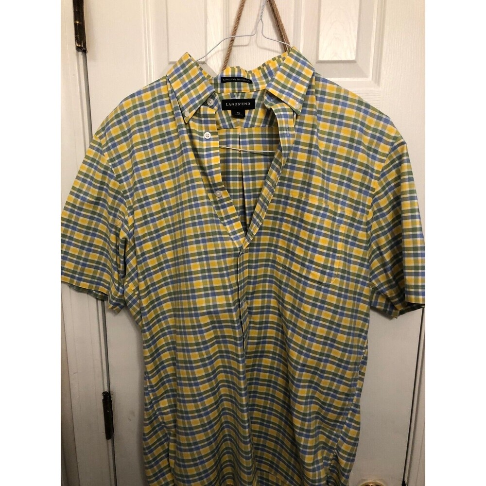 Lands' End Men's Blue/Green Striped Pocket Short Sleeve Large Button-Up Shirt